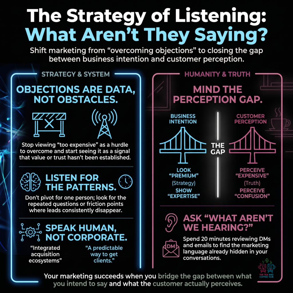 The Strategy of Listening graphic showing how customer objections reveal gaps between business intention and customer perception. What aren't they saying